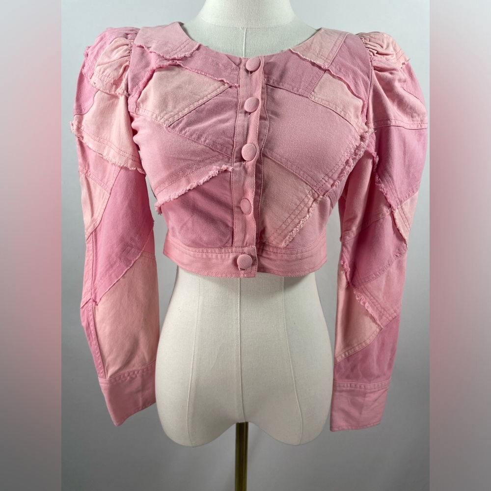 LoveShackFancy Eleora Pink Cropped Patchwork Cotton Jacket Size 00